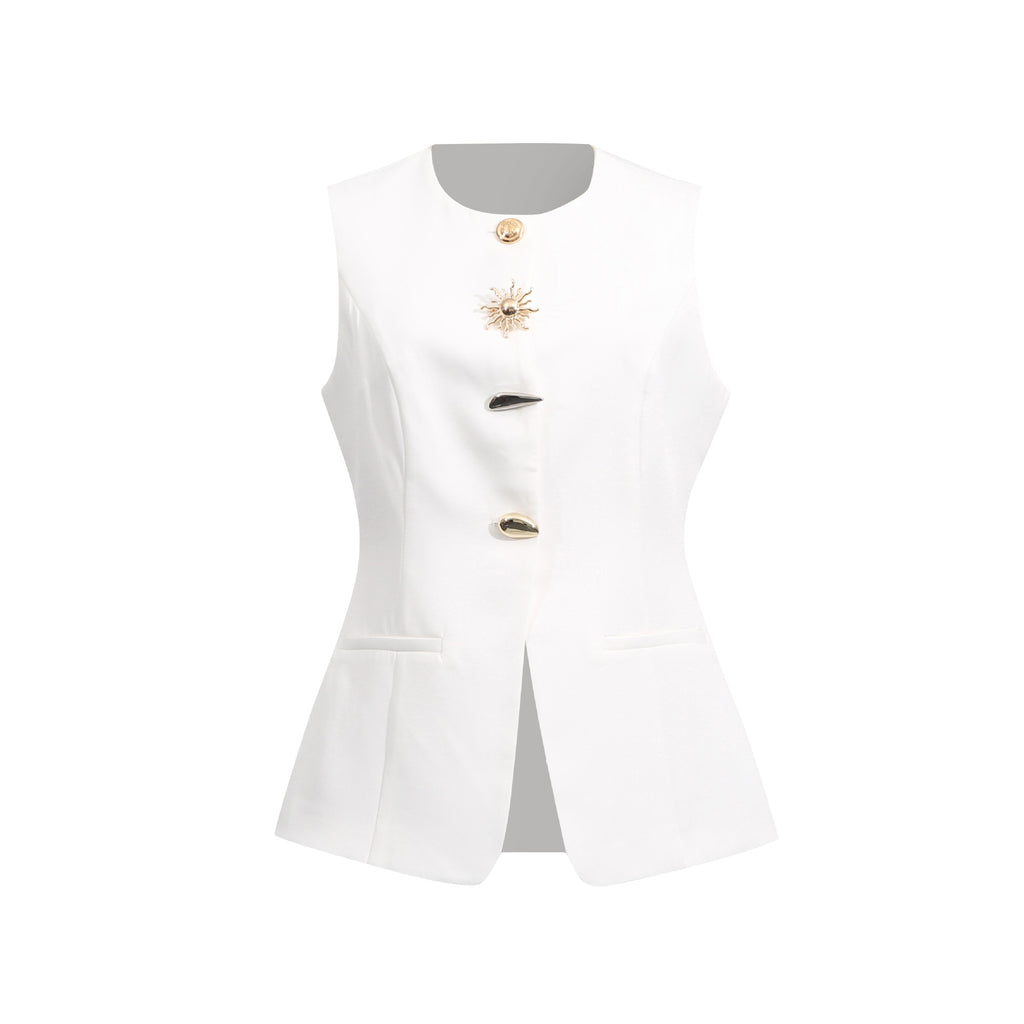 French Sleeveless Top Summer Outdoor Irregular Asymmetric Button Design Slim round Neck Vest for Women