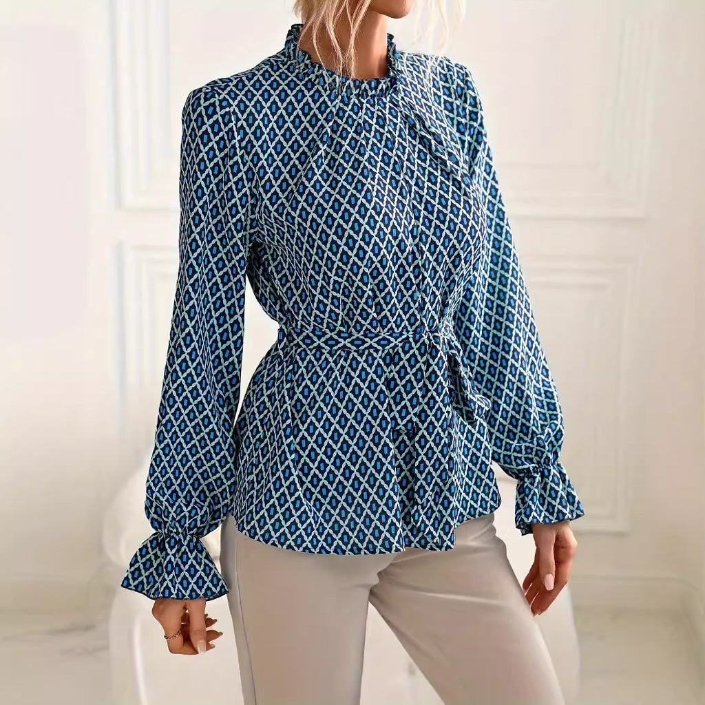 Spring Autumn Women Clothing Spring Autumn Geometric Abstract Pattern Horn Long Sleeve Shirt Top