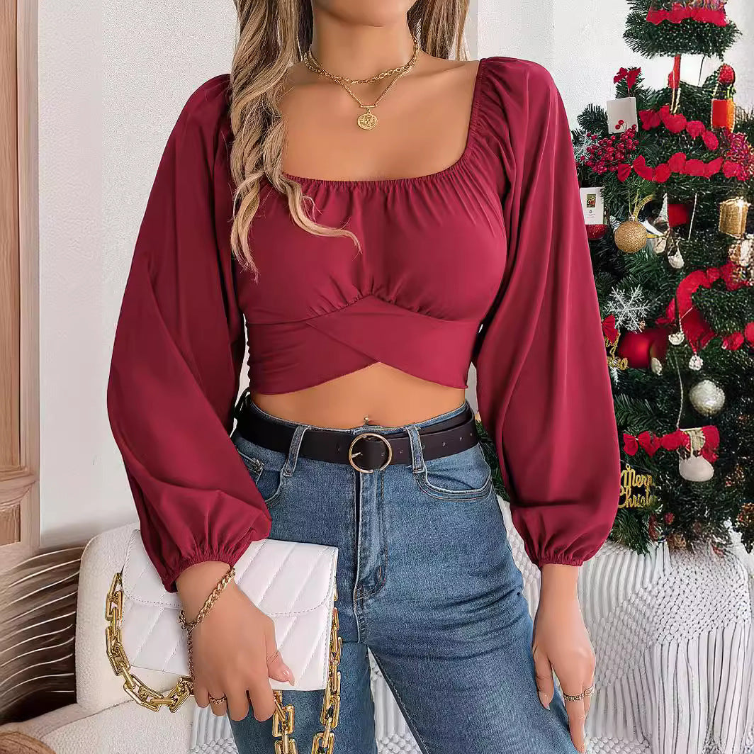 Spring Summer Casual Lantern Sleeve Lace up Waist Chiffon Shirt Cropped Top Women Clothing