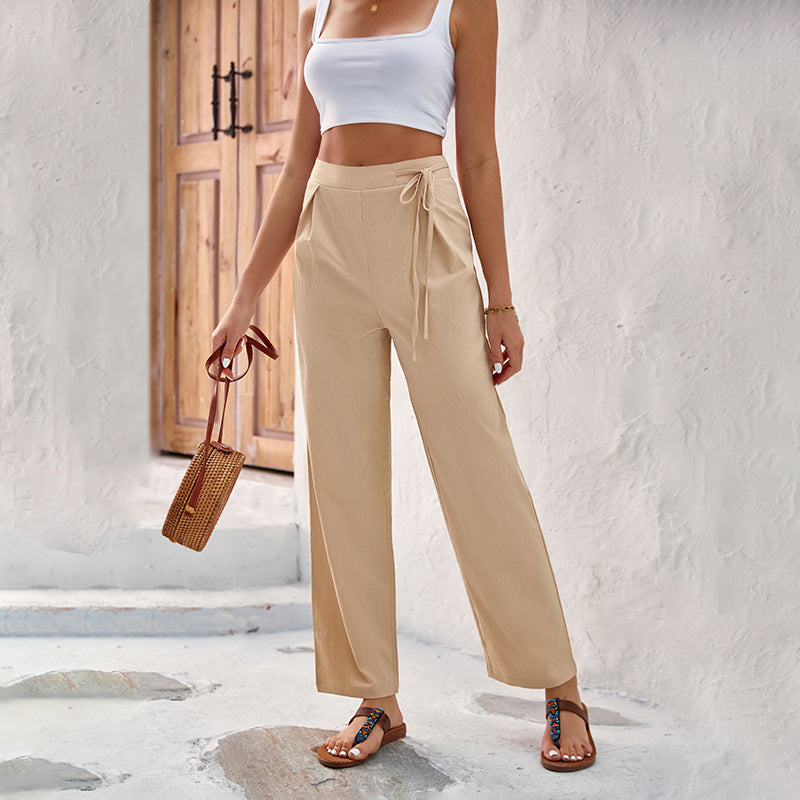 Spring Summer Draping Effect Straight Leg Pants High Waist Solid Color Lace Wide Leg Pants Women