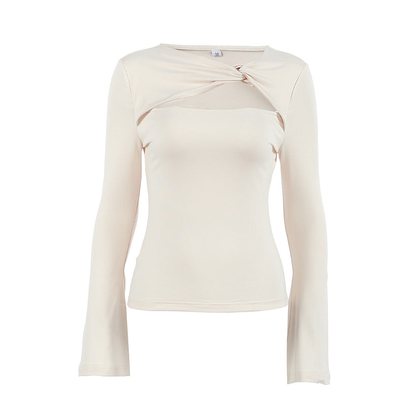 Fall Women Clothing Lightly Mature Hollow Out Cutout out Shoulder T shirt Long Sleeve Slim Fit Slimming Irregular Asymmetric Solid Color Top