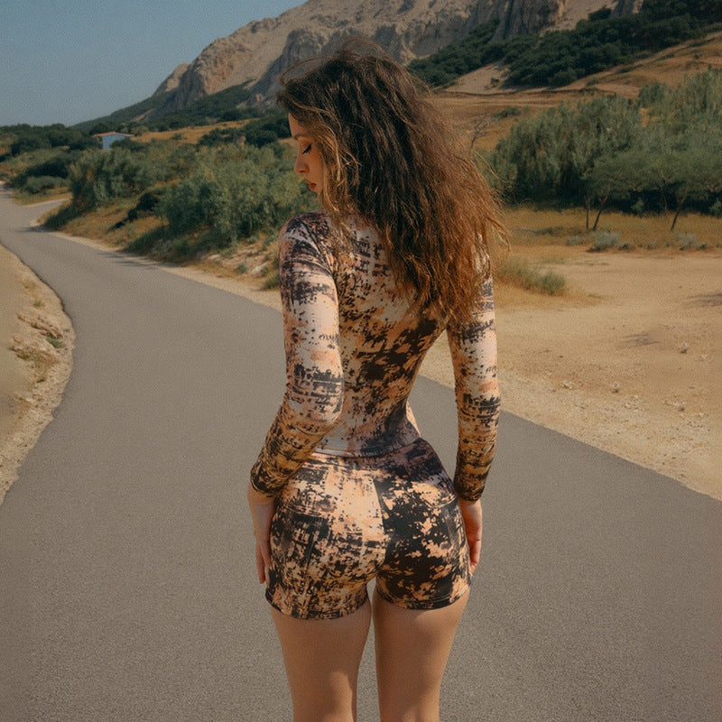 Fall Women Clothing Sexy Cropped Top Hip Shorts Printing Set Women