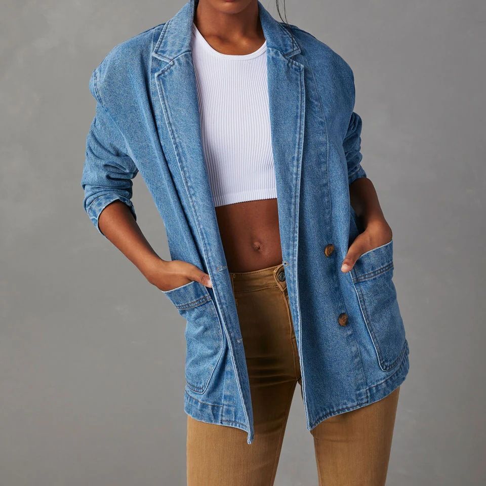 Blazer femme en denim bleu délavé décontracté