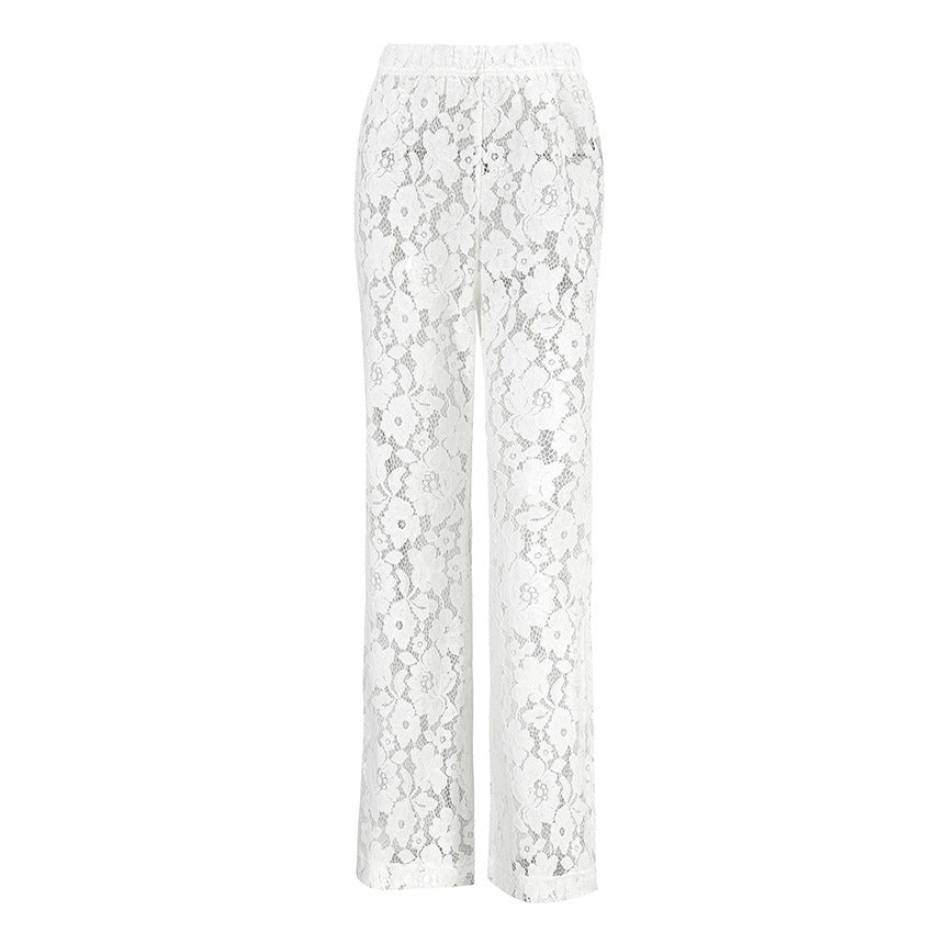 Cotton Lace White Jacquard See through High Waist Casual Flared Pants Spring Trousers
