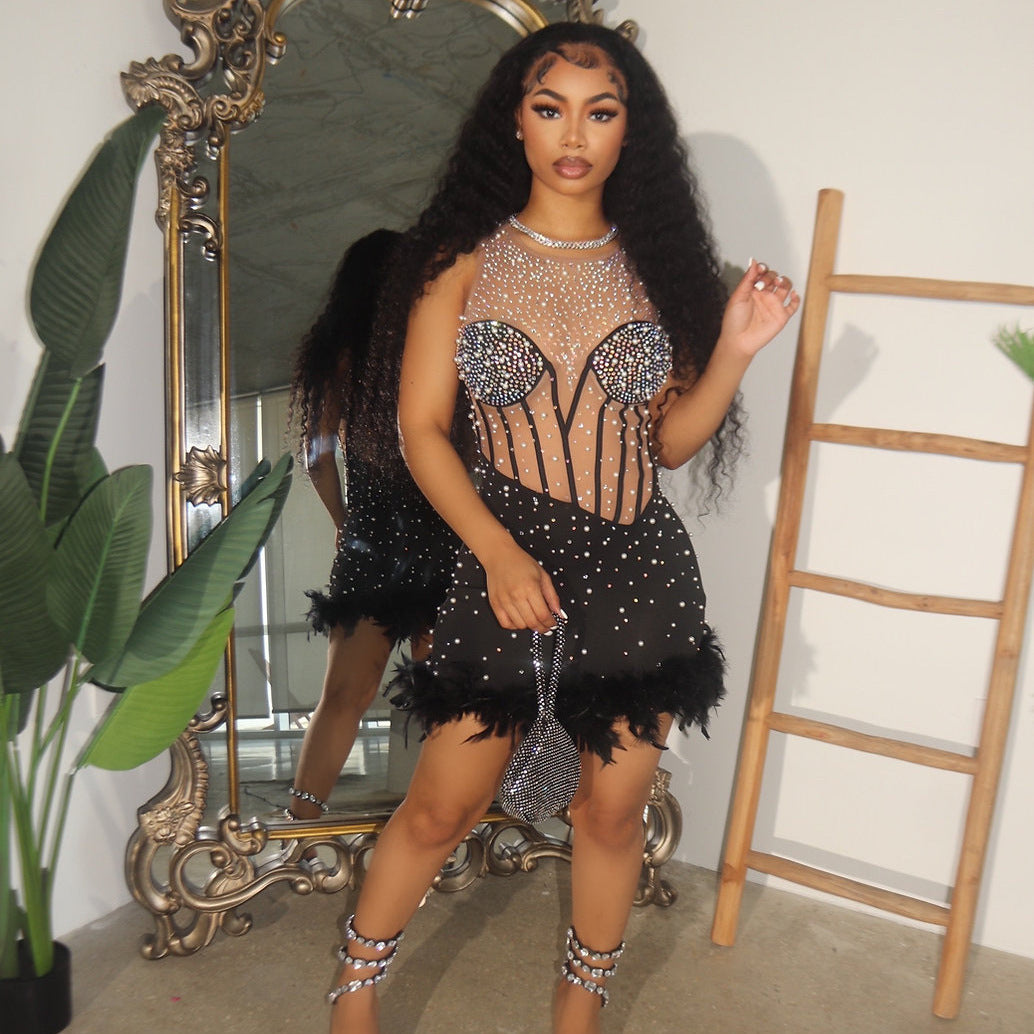 Summer Women Clothing Sexy Mesh Stitching Rhinestone Beaded Dress for Women