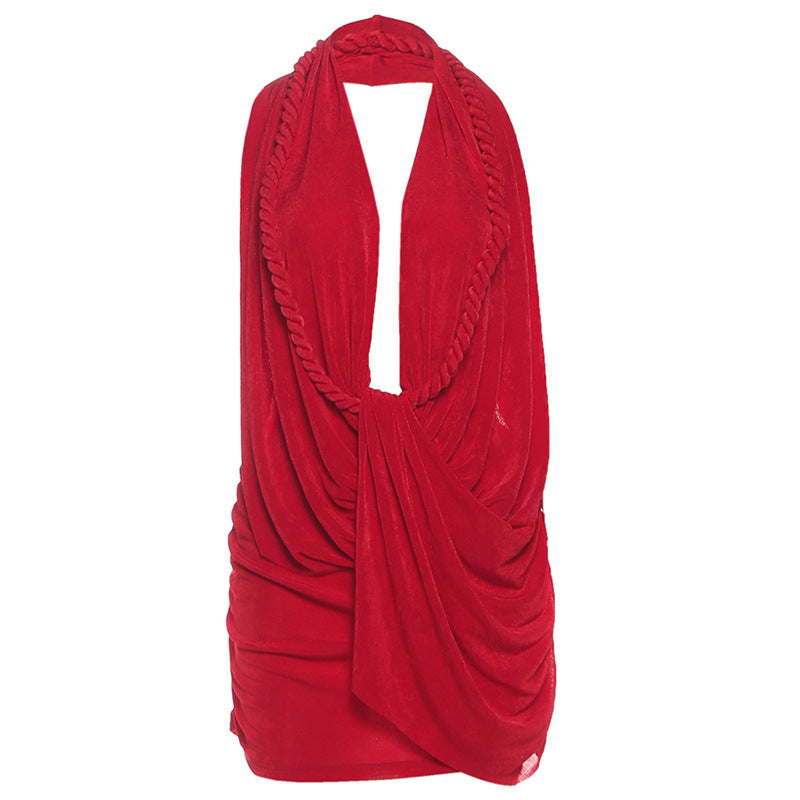 Robe sexy automne-hiver femme décolletée en V profond, dos nu, couleur unie