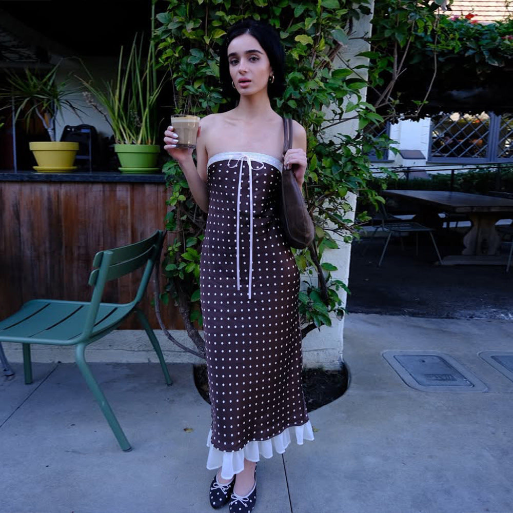 Summer French Polka Dot Tube Top Dress Sexy Backless Satin Dress