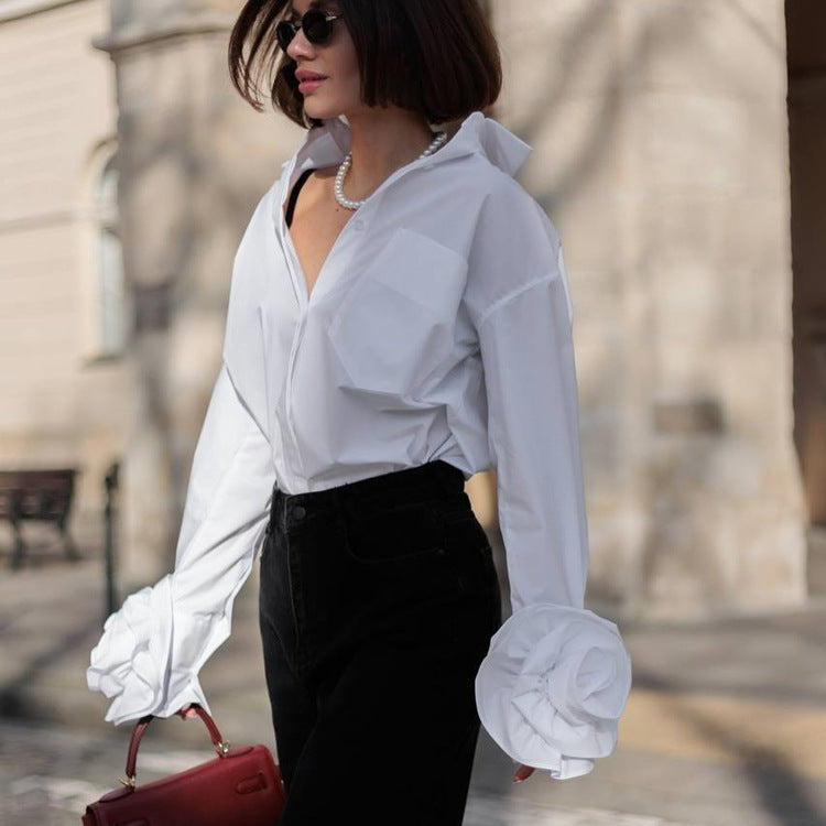 Design Stitching Floral Long Sleeve Women Shirt Cotton Collared Office White Shirt Cardigan Top