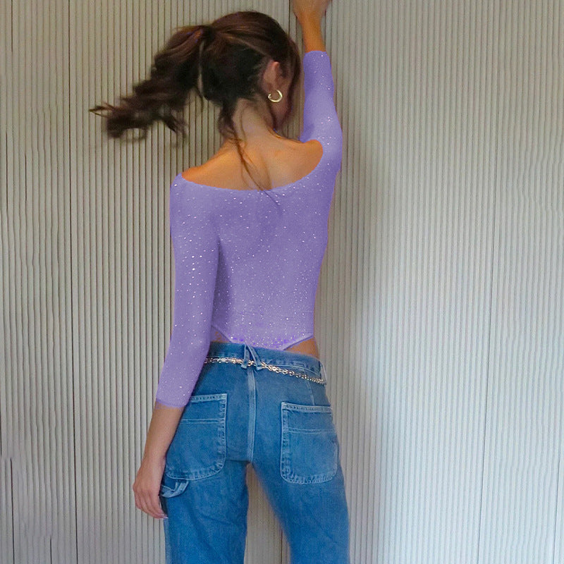 Autumn Sexy High Elastic Knitted See through Bow Hollow Out Cutout Rhinestone Jumpsuit