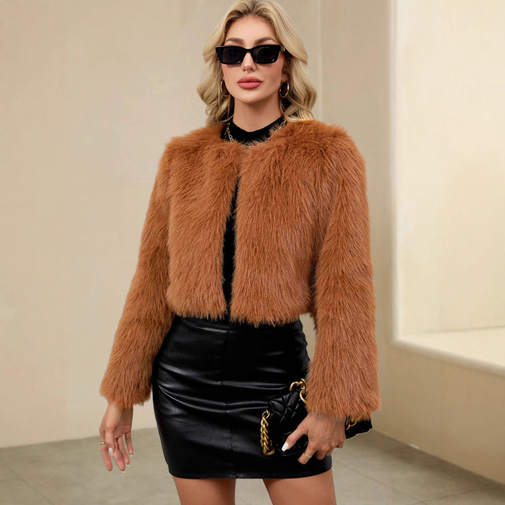 Popular Short round Collarless Women Faux Fur Top Women Plush Casual Warm