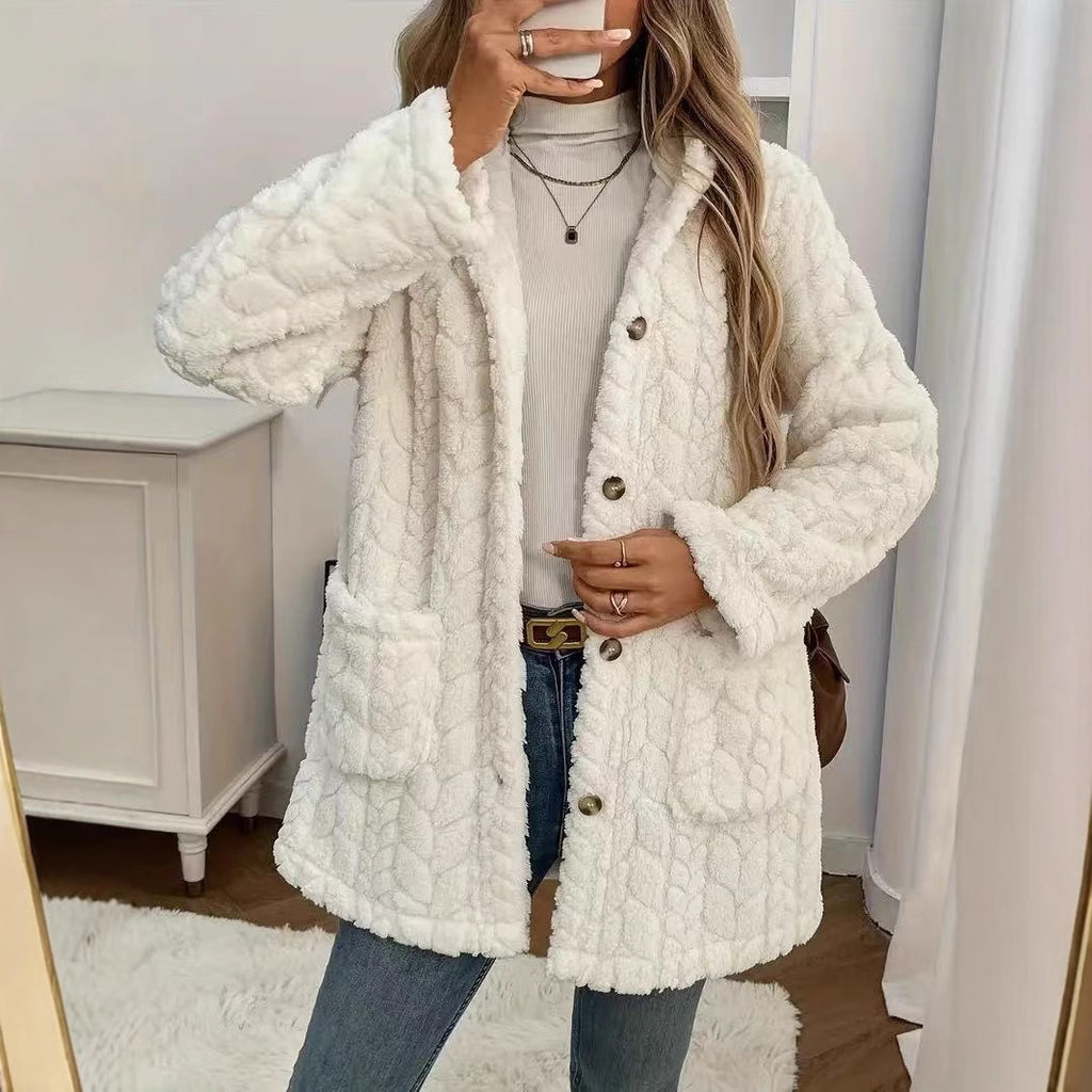 Popular Solid Color Double Sided Plush Casual Women Autumn Winter Mid Length Plush Coat