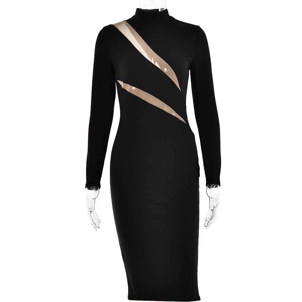 Spring round Neck Long Sleeve Stitching Dress Women Sexy Dress
