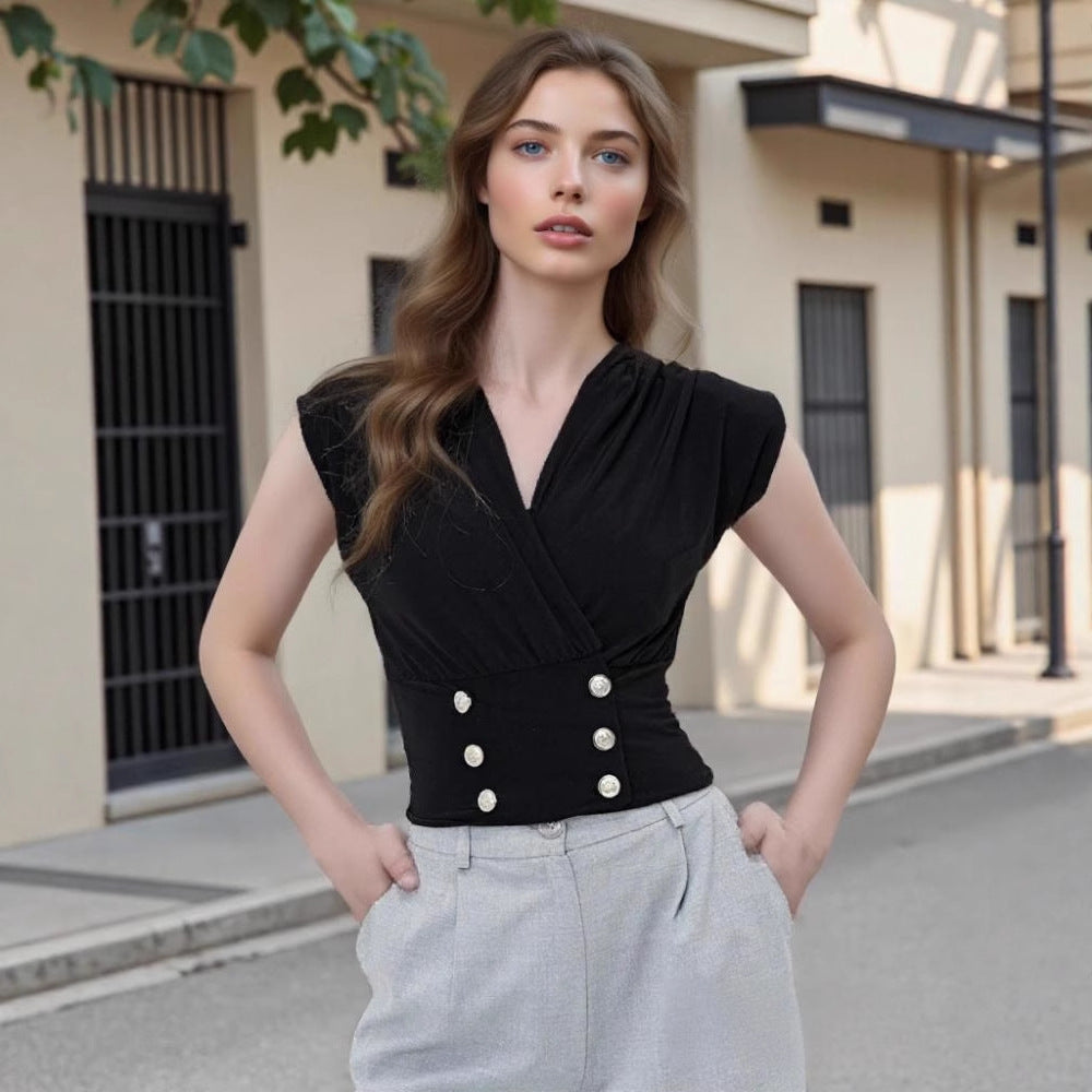 Elegant Simple Black V neck Laminated Sleeveless Vest Cross Collar Double Row Pearl Buckle Top