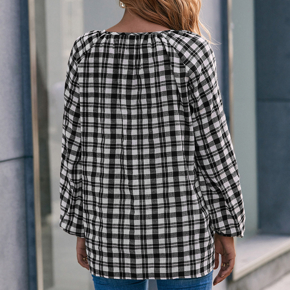 Casual Long Sleeved Plaid V neck Shirt Loose Plaid Overshirt Women