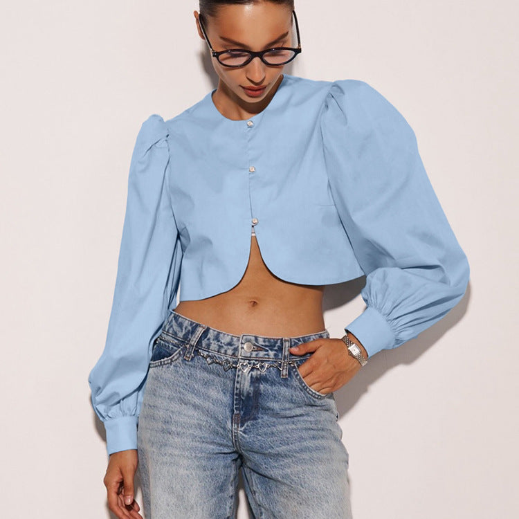 Simple Niche Design Cotton Women Shirt round Neck Long Sleeve All Matching Short Cardigan Top