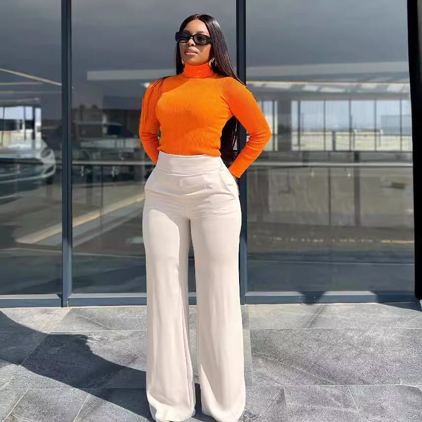 Women Clothing Casual White High Waist Bootleg Pants