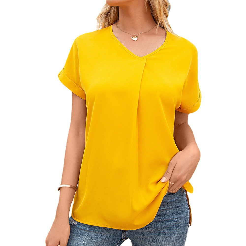 Spring Summer Women Clothing Short Sleeve Casual V neck Shirt Pleated Shirt for Women