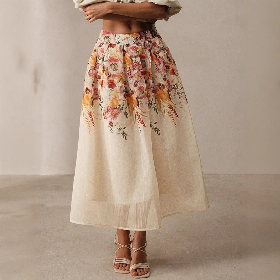 Summer Women Clothing Digital Printing High Waist Half Length Tulle Skirt