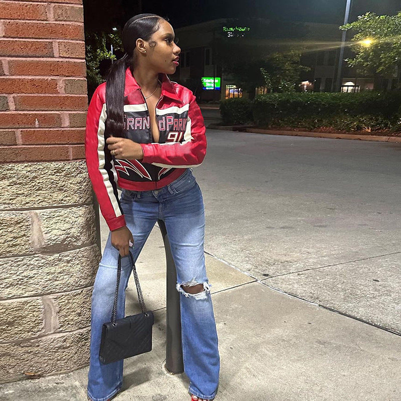 Manteau court zippé sexy automne-hiver pour femme, brodé, col et taille hauts.