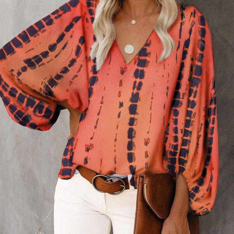 Spring Summer Women V-neck Lantern Sleeve Printed Long-Sleeved Top