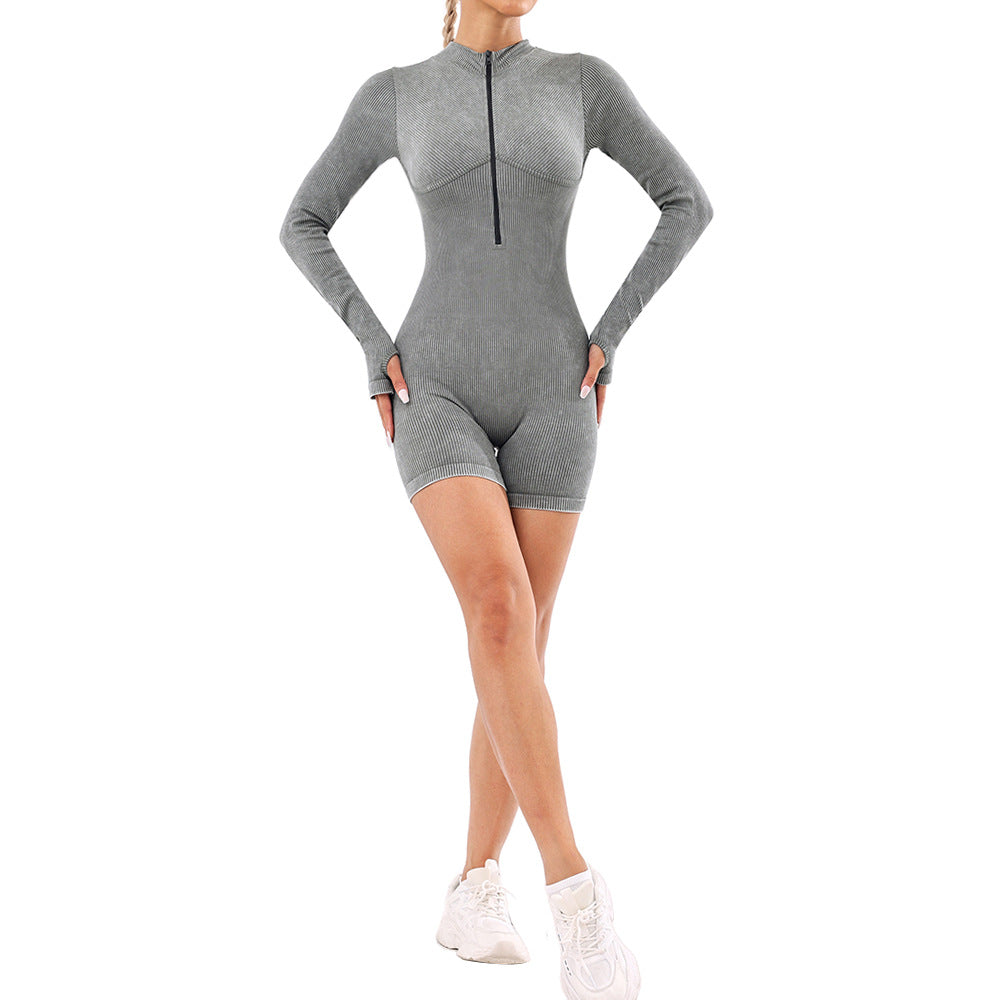 Women Clothing Slim Solid Color Half Cardigan Long Sleeve Zipper Shorts Jumpsuit