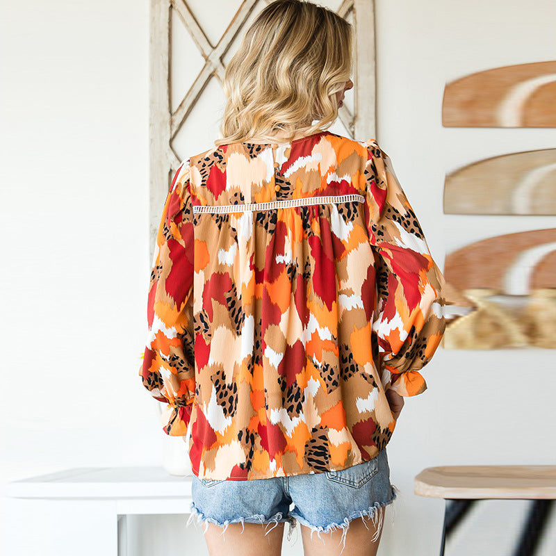 Abstract Printed Fluffy Sleeve Chiffon Shirt Women Round Neck Pullover Long Sleeve Top