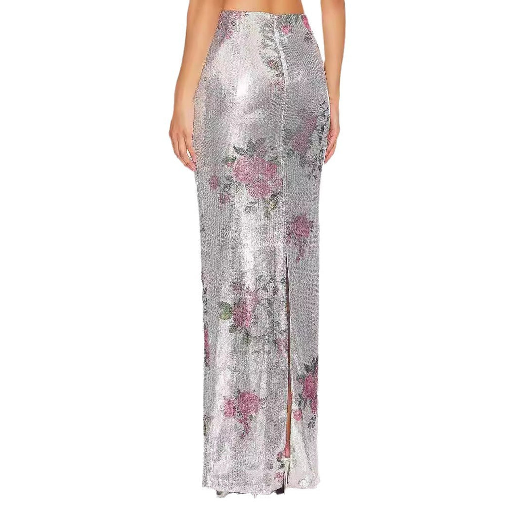 Romantic Vacation Fresh Retro Printed Thin Mesh Skirt Summer Elegant Casual Skirt Sequins