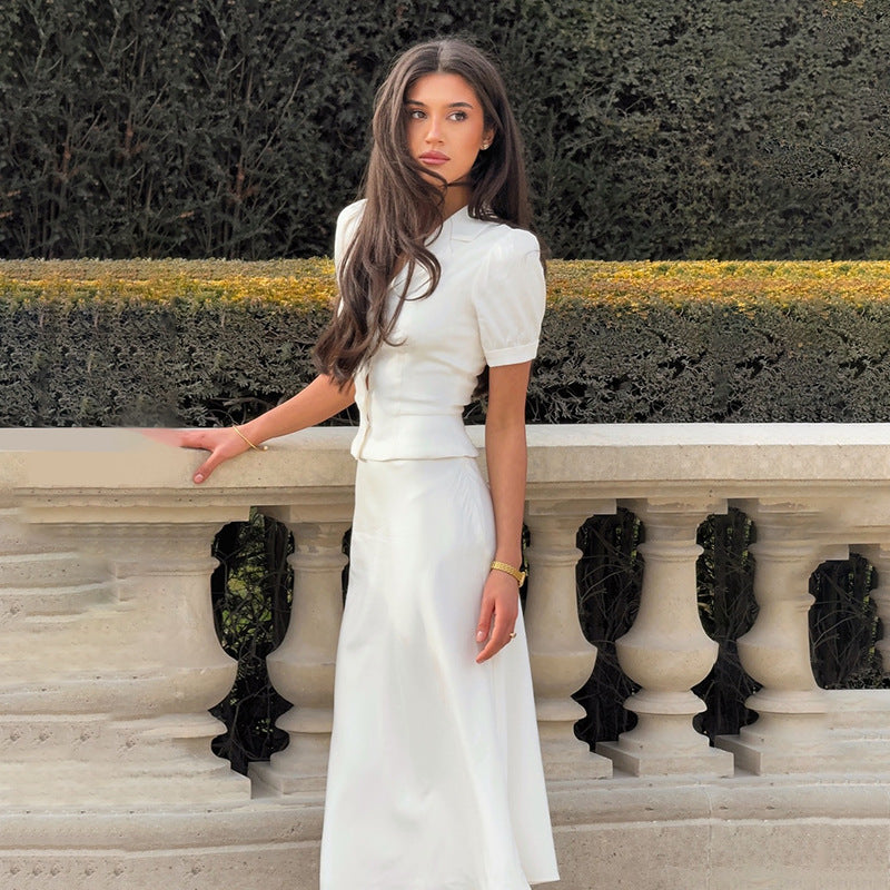Office Two Piece Set Solid Color Puff Sleeve V neck Waist Controlled Top Fishtail Skirt French Women