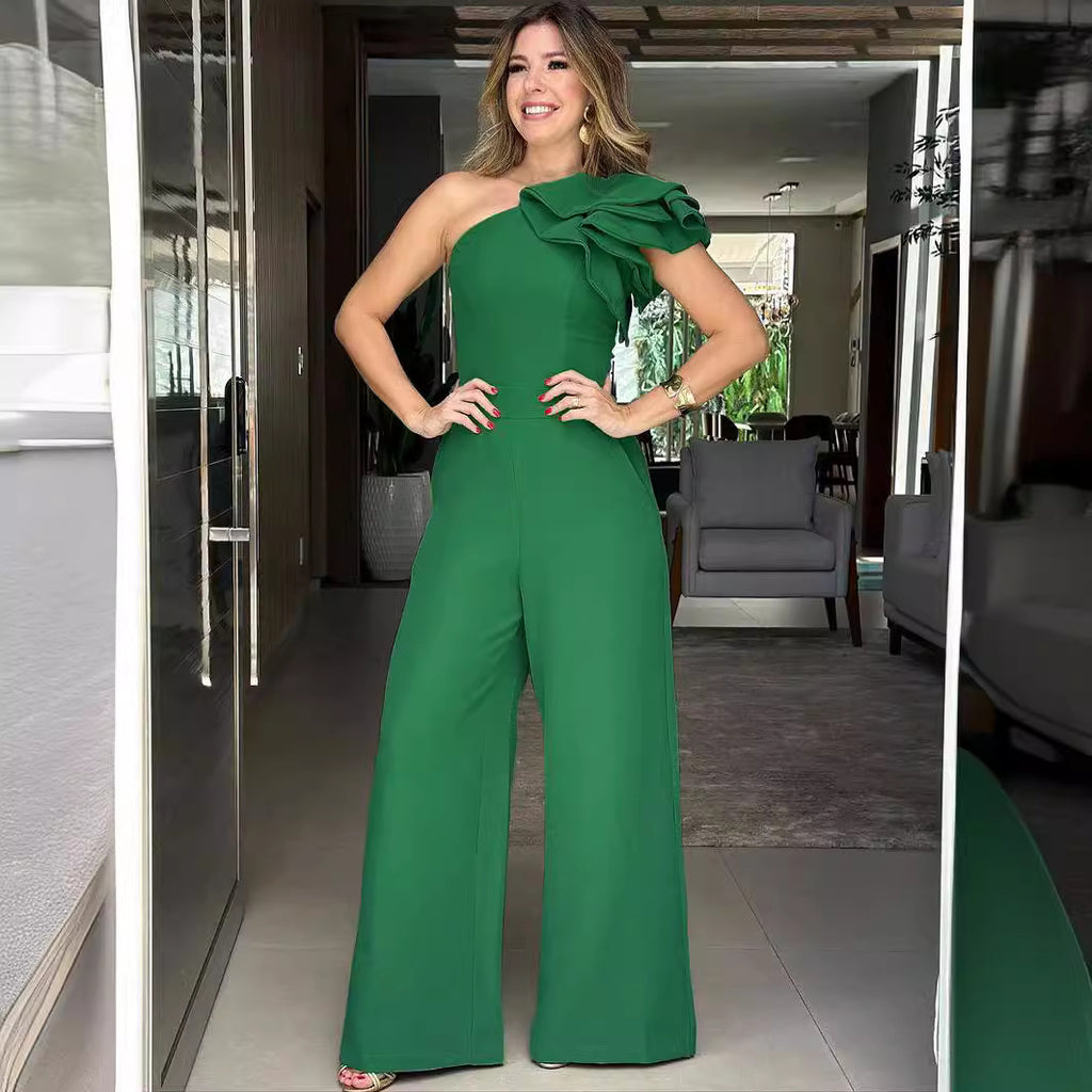 Women Wear Jumpsuit Oblique Shoulder Ruffles Design High Waist Jumpsuit