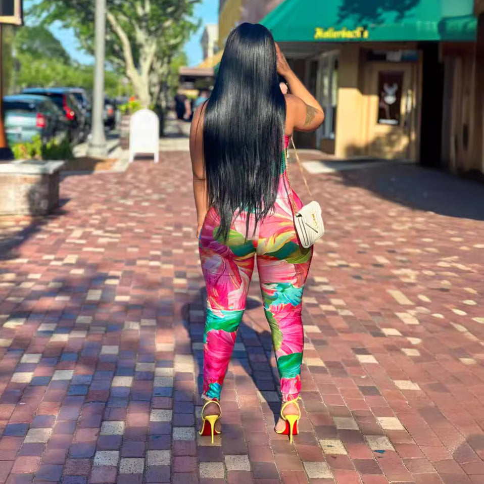 Printed Stretch Slim Sleeveless Tight Jumpsuit