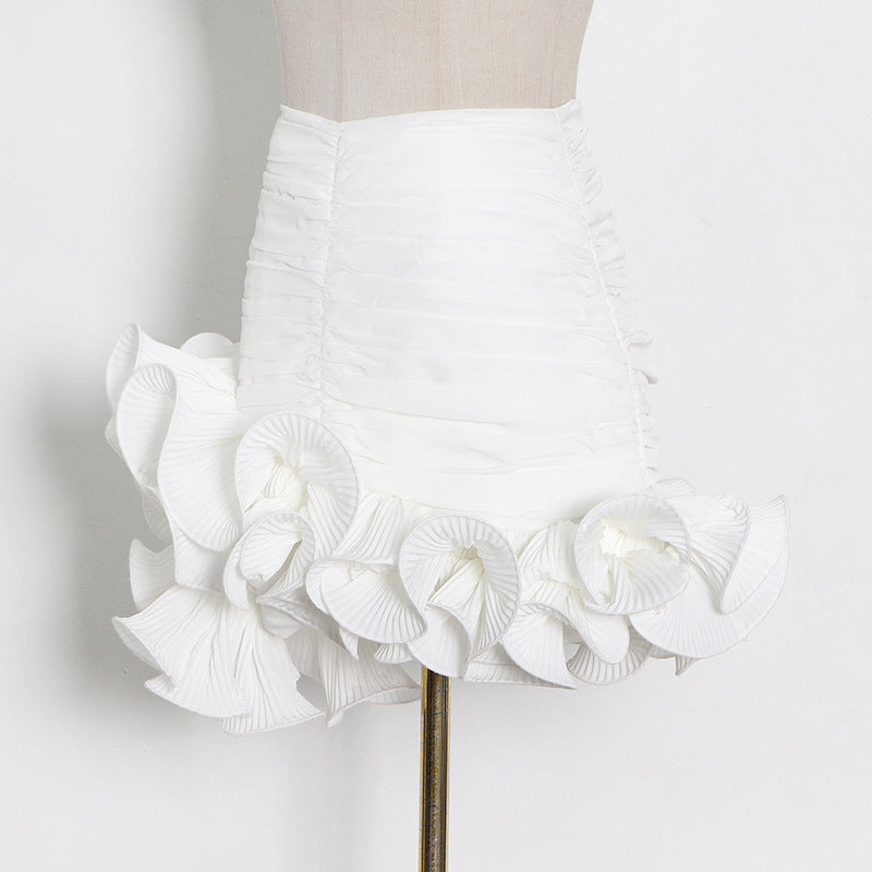 Falda corta con diseño de nicho para mujer, color blanco lechoso, con cremallera y orejas de madera.