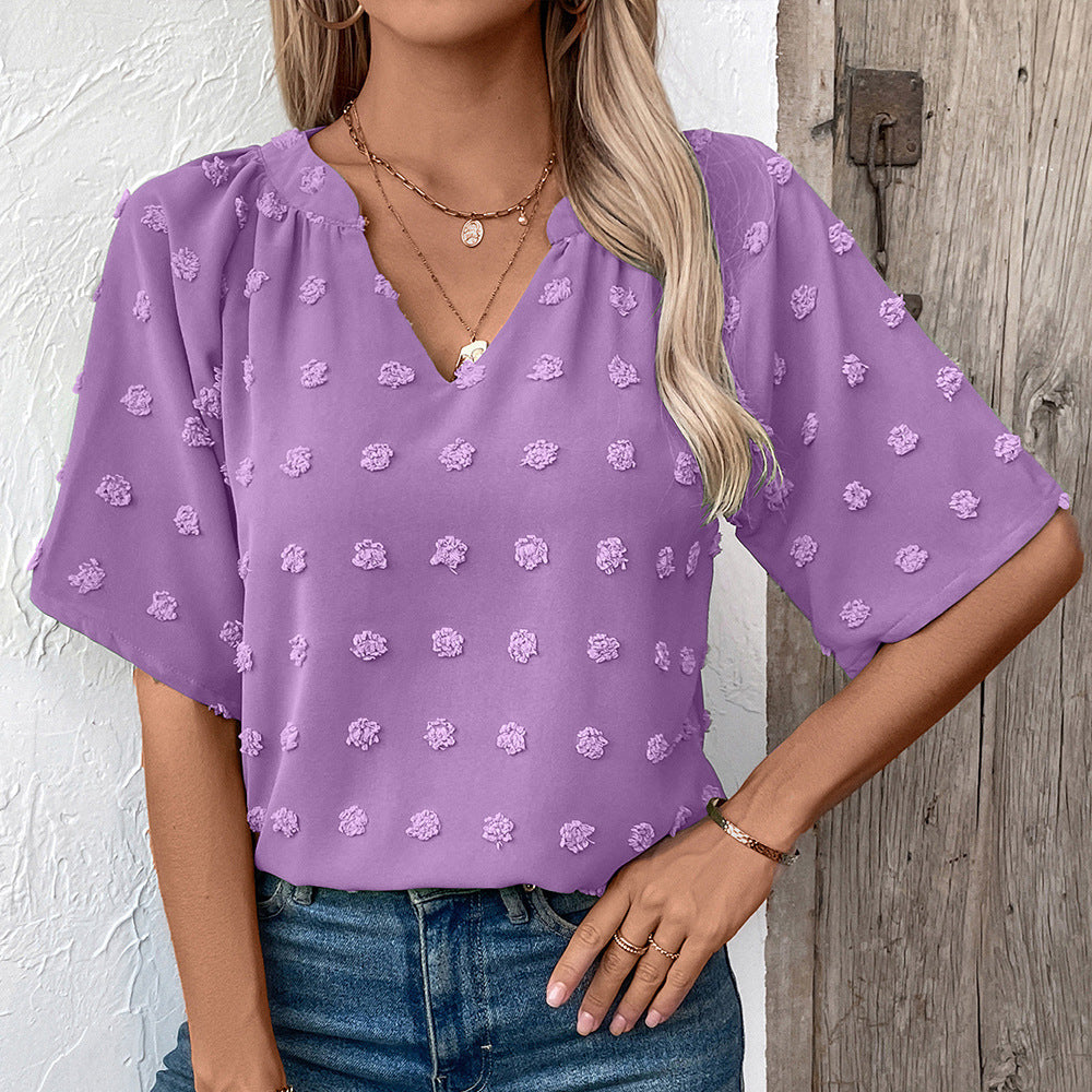 Women Comfortable Loose Jacquard V Neck Short Sleeved Top Women