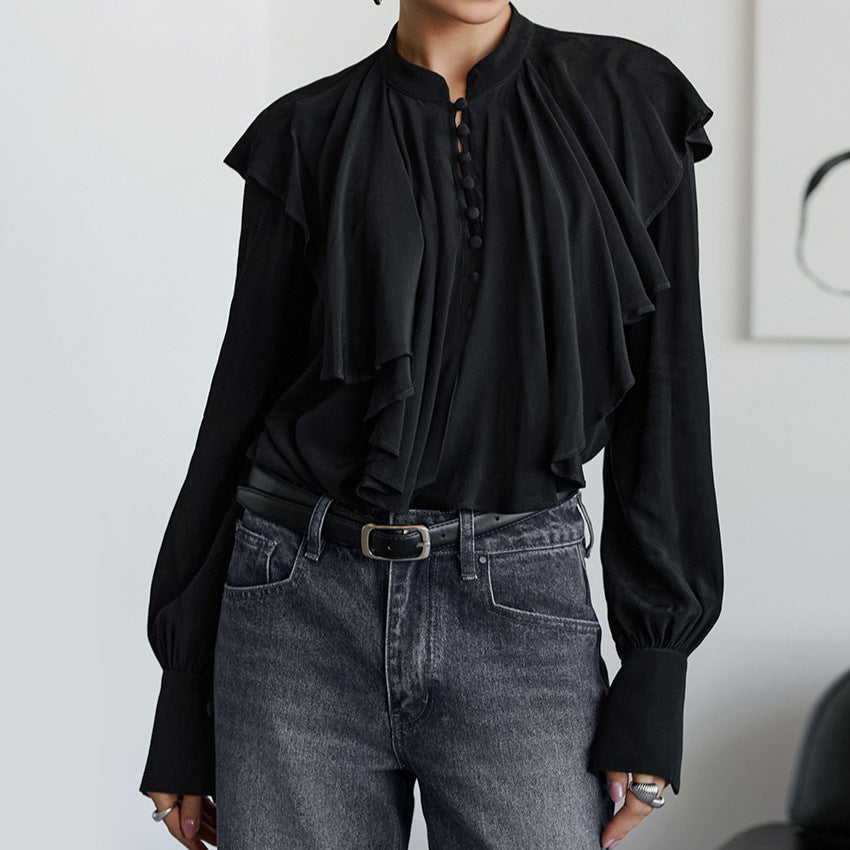Court French Ruffled Stand Collar Single Breasted Long Sleeve Shirt Women French Lantern Sleeve Loose Solid Color Top