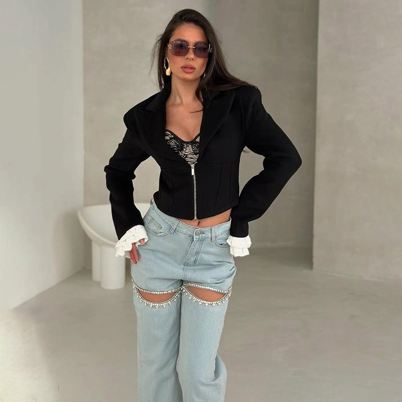 Fall Women Clothing Sexy Deep V Plunge Collared Waist Tight Slimming Zipper Coat Top Women