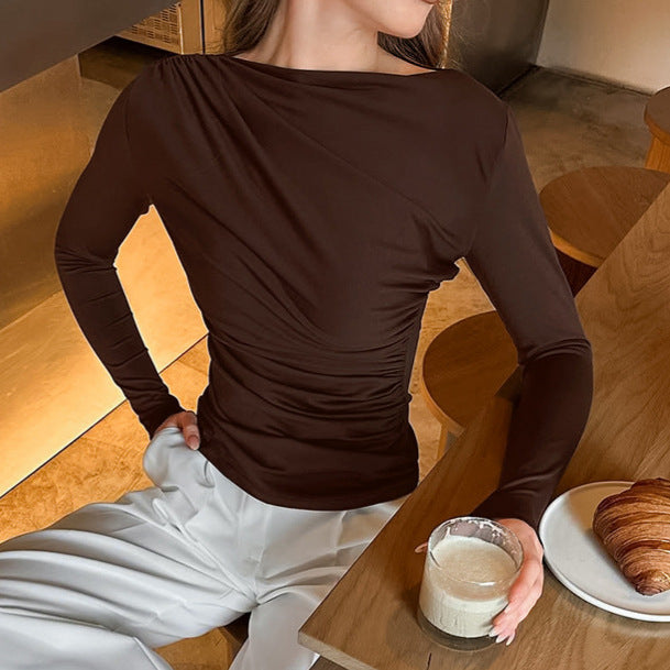 Autumn Arrival Pleating Niche Slim Waist Tight Sexy Long Sleeve Bottoming Shirt for Women