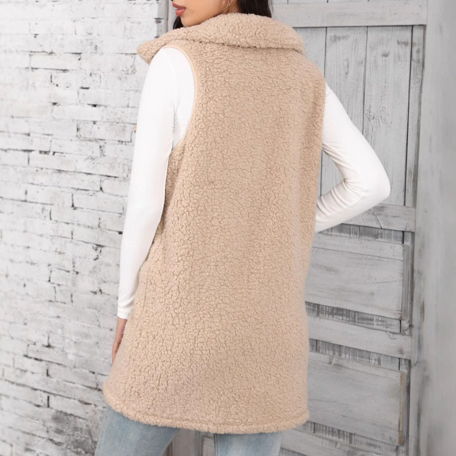 Autumn Winter Women Clothing Collared Sleeveless Loose Pointed Bubble Cardigan Plush Vest