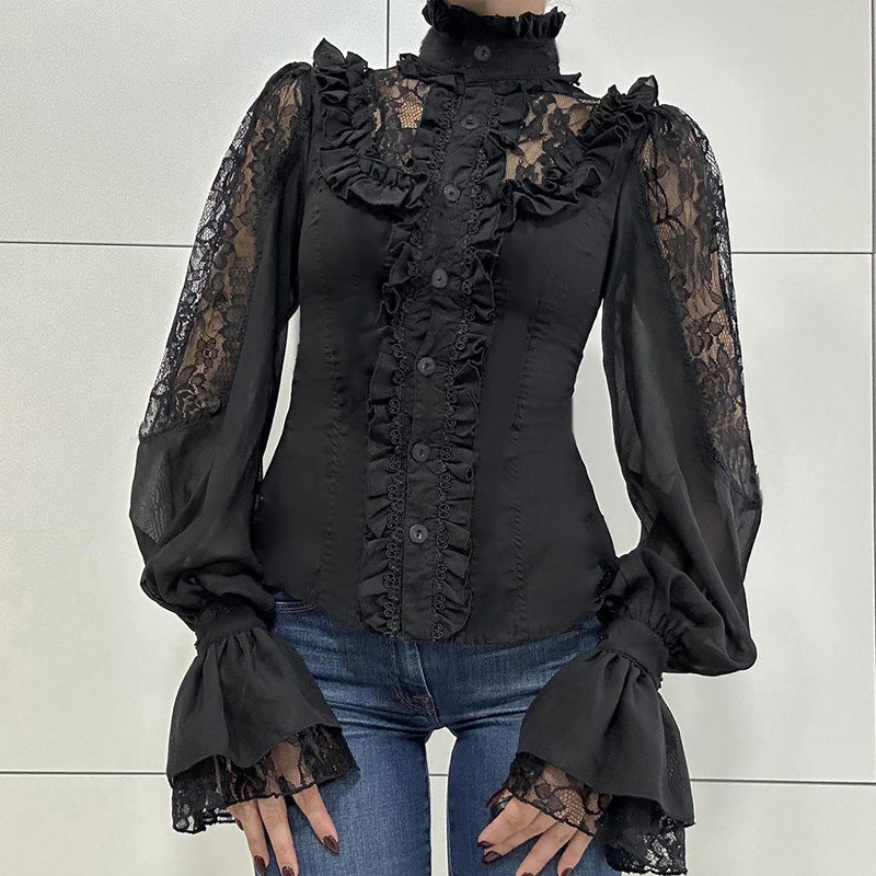 Women Clothing Street Dark Palace Lace Stitching Lace Small Turtleneck Waist Controlled Slimming Long Sleeve Shirt