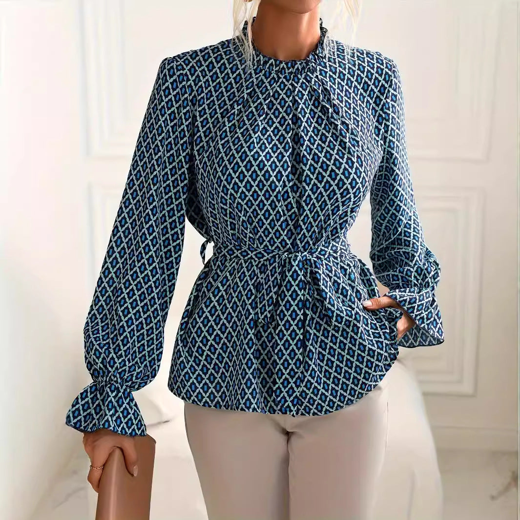 Spring Autumn Women Clothing Spring Autumn Geometric Abstract Pattern Horn Long Sleeve Shirt Top