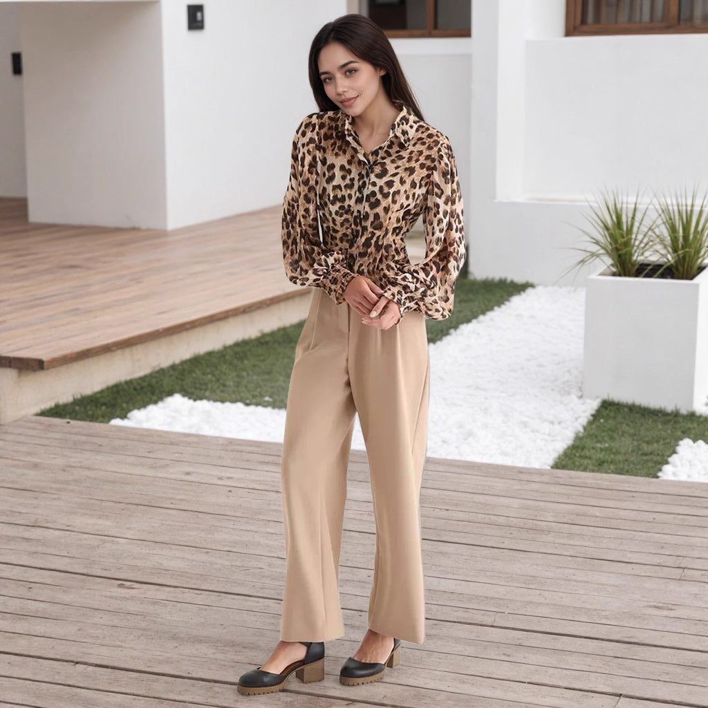 Women Top Leopard Print Collared Pleated Waist Tight Bubble Long Sleeve Shirt