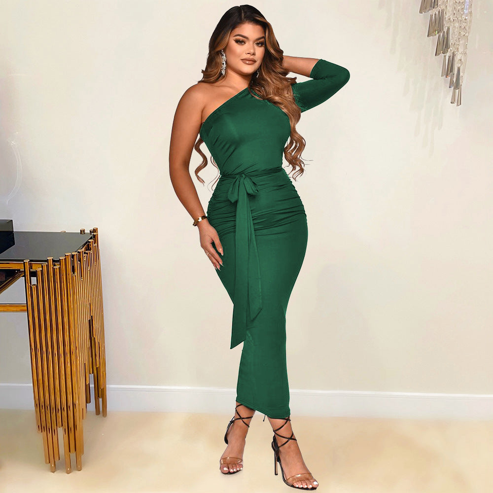 Women Clothing Sexy Tight Irregular Asymmetric Shoulder Half Sleeve Dress