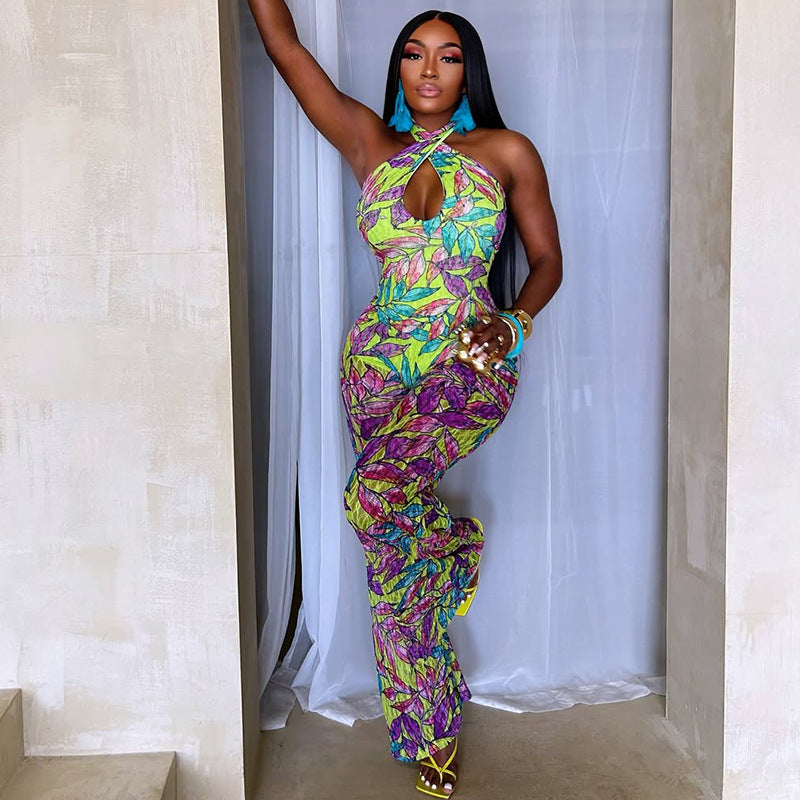Women Printed Loose Comfortable Fitted Waist Jumpsuit Cross Halterneck Hollow Out Cutout Backless Sexy Jumpsuit