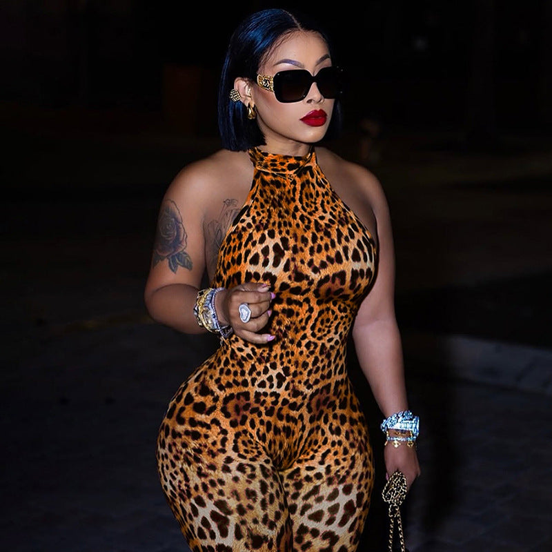 Summer Sexy Backless Halter Lace up Leopard Print Hip Raise Skinny Jumpsuit for Women