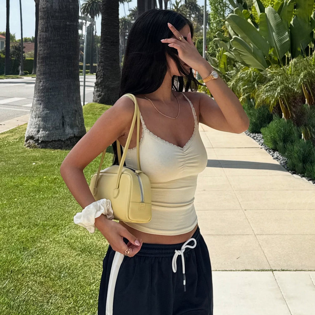 Solid Color Basic Small Sling Lace Stitching Pleated Spaghetti Strap Tank Top Sexy Outer Wear Sexy Short Top