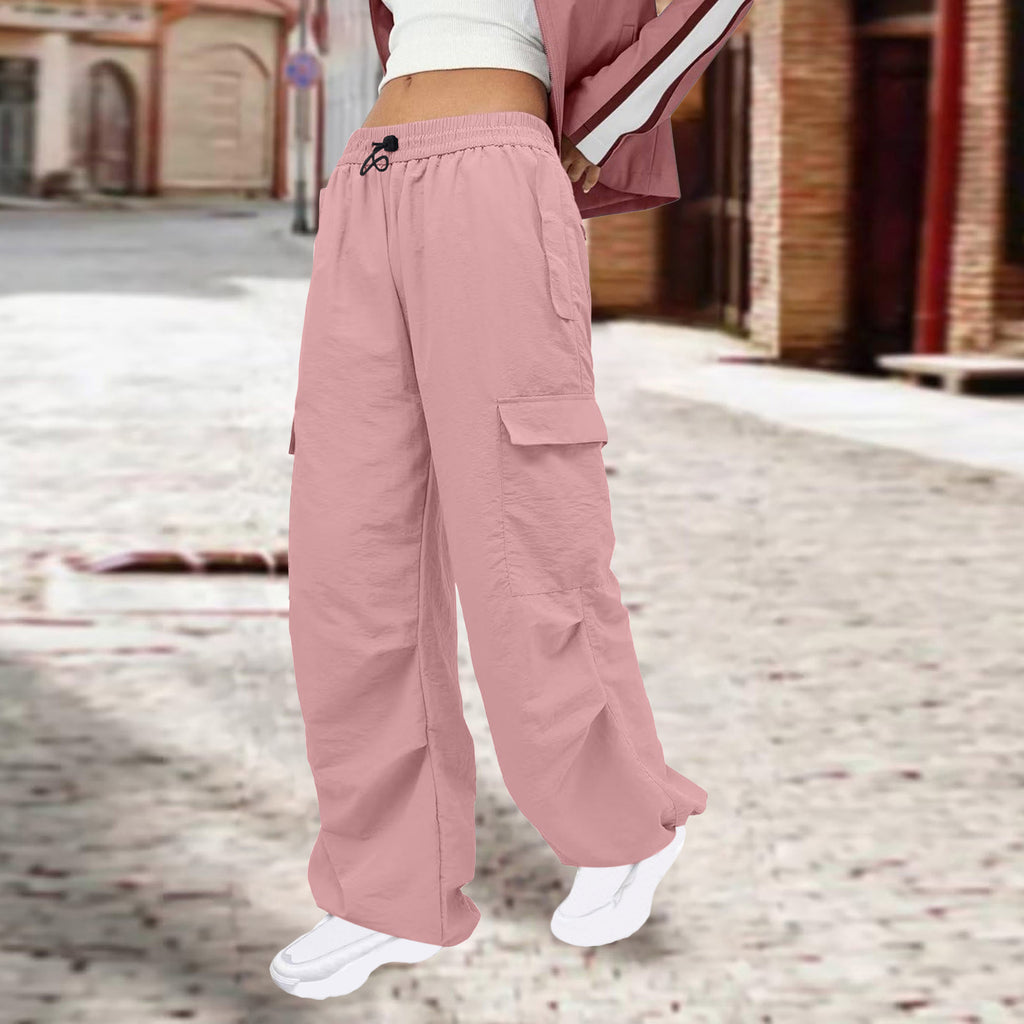 Women Clothing Solid Color Nylon Multi Pocket Loose Cargo Pants