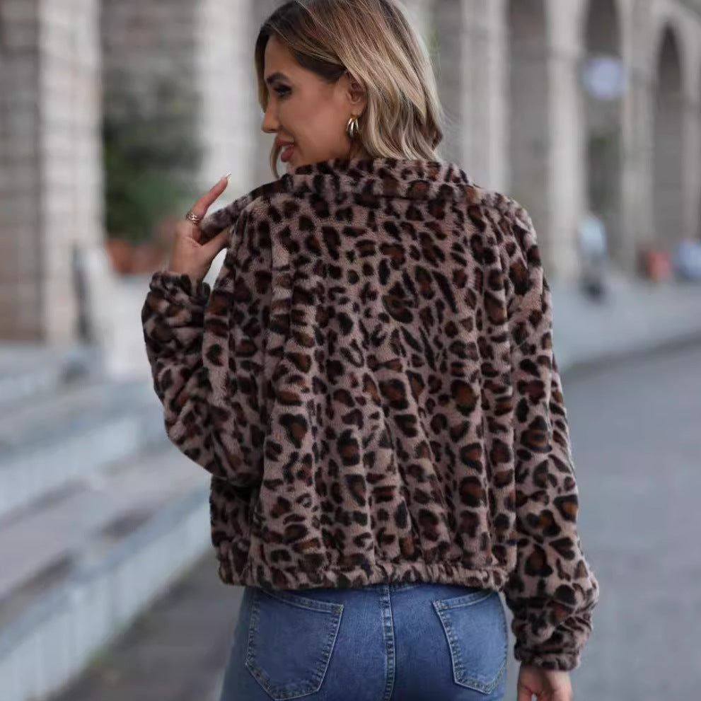 Flash Velvet Women Clothing Autumn Winter Loose Zip Long Sleeve Leopard Print Plush Coat