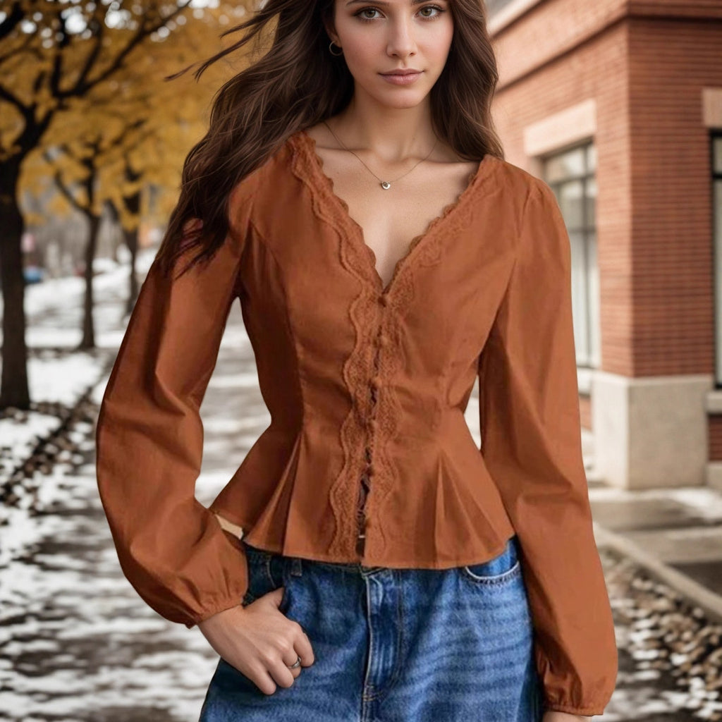 French Lace Lace Long Sleeved Shirt Autumn V neck Pleated Lace up Waist Single Row Multi Buckle Top