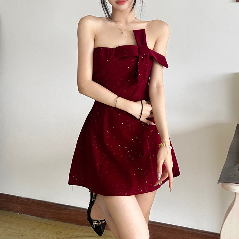 Winter Sexy Slim Fit Backless Tube Top Bowknot Short Dress Solid Color Zipper Sequ Dress