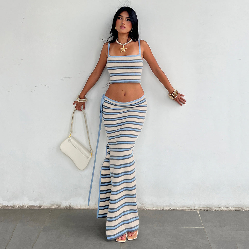 Conjunto de falda informal de punto a rayas para vacaciones, falda corta con tirantes, cintura alta, con cordones, conjunto de dos piezas