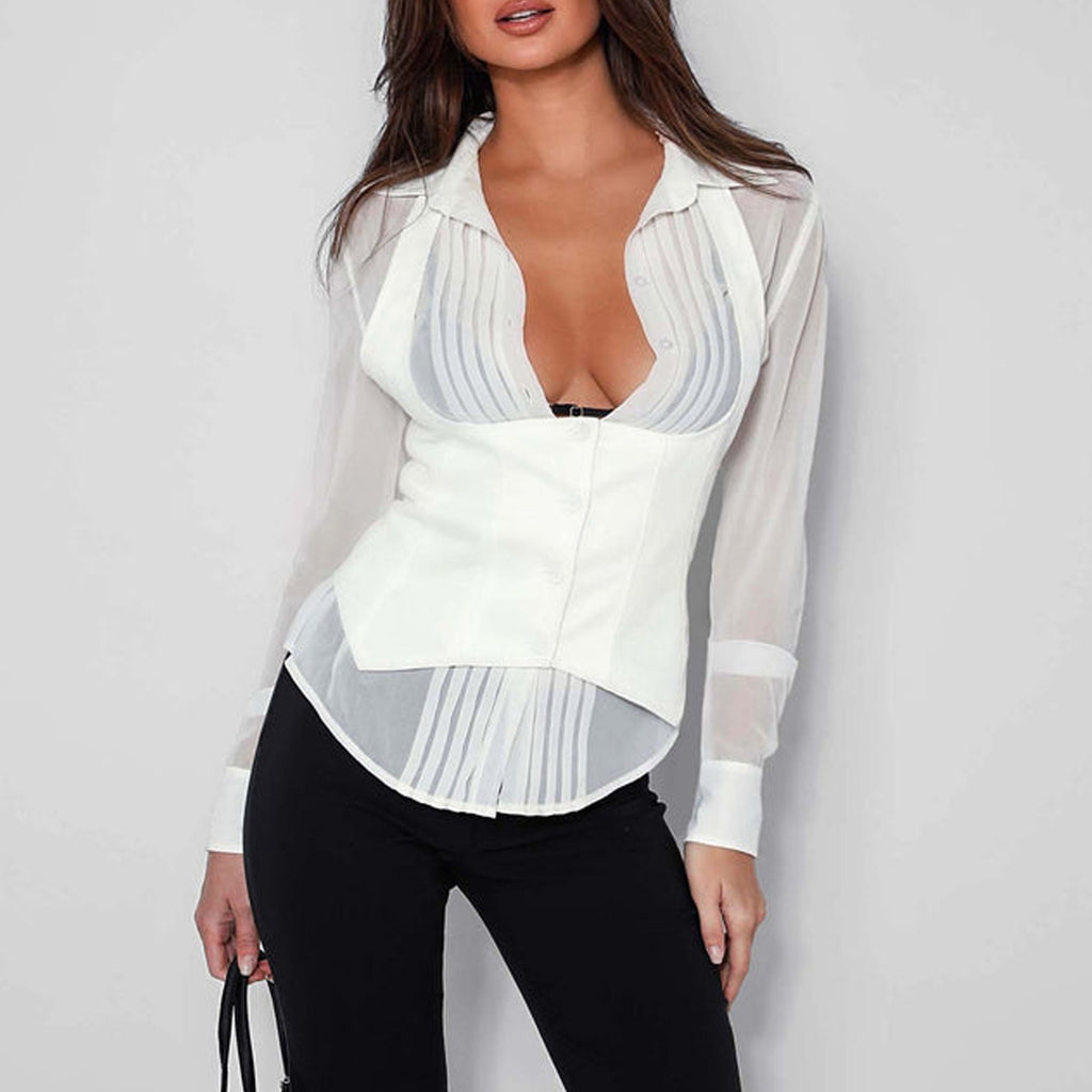 Women Polo Collar Shirt Vest Two Piece Set Sexy Halter Waist Tight Top