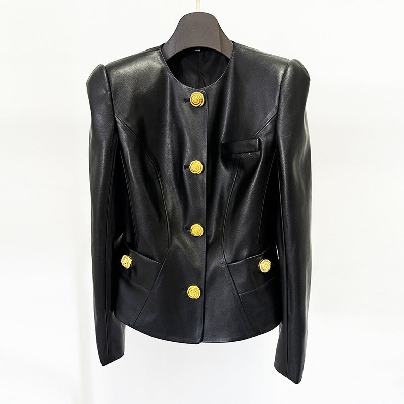 Early Spring Snail Metal Button Slim Leather Jacket Coat